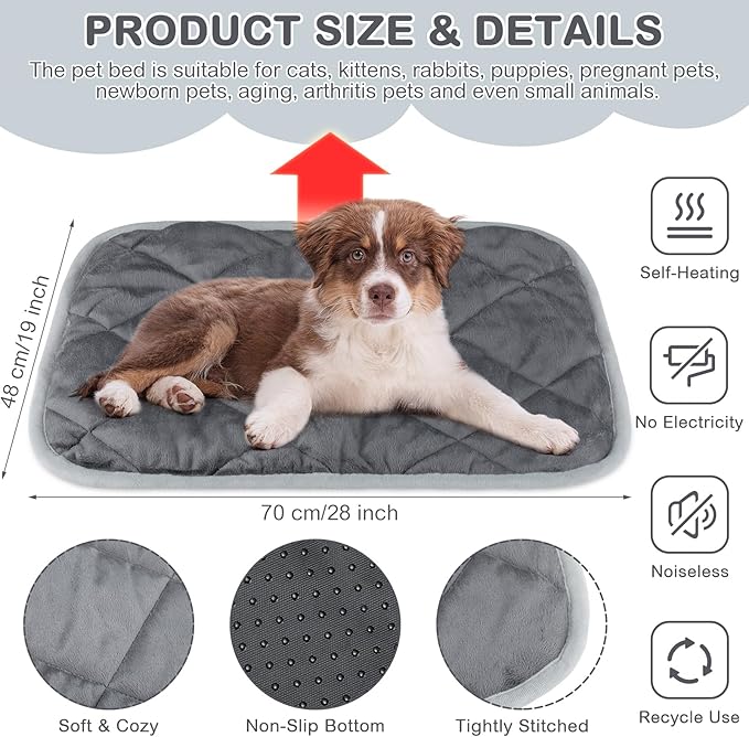Clysee 2 Pack Self Heating Cat Mat Self Warming Pet Pads Washable Kennel Mat Dog Crate Pad Reflects Body Heat Non Skid Cat Thermal Pads for Puppy Indoor Outdoor(Gray,19 x 28 Inches)