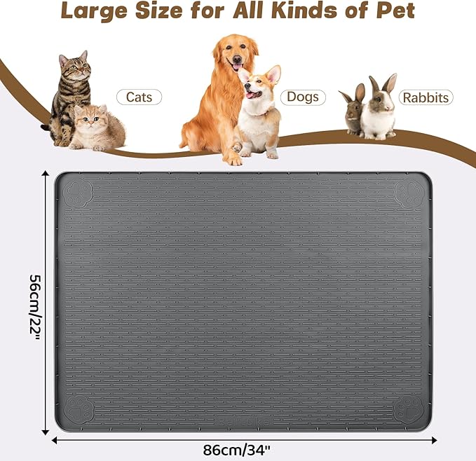 Bartuke Cat Food Mat, 34" x 22" Large Silicone Pet Feeding Mat for Food and Water Bowls Non-Slip, Easy to Clean (Dark Grey)