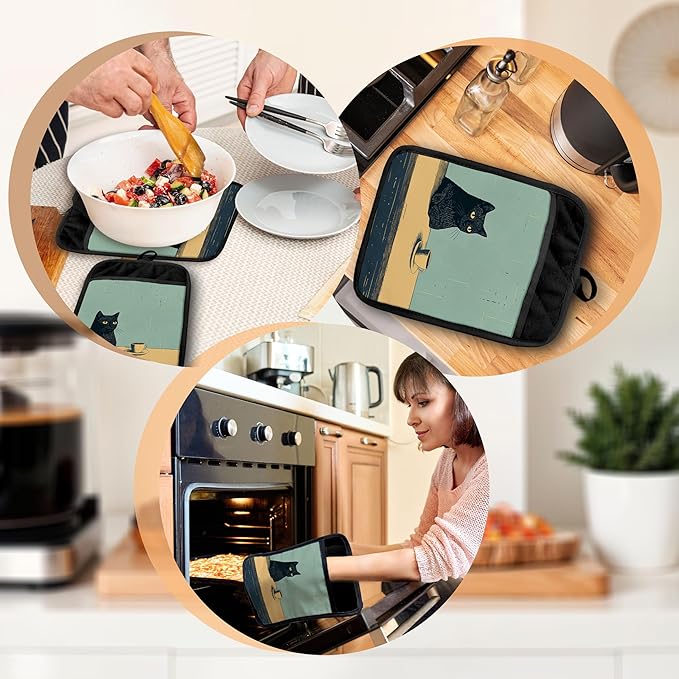 Vintage Coffee Black Cat Pot Holders with Pockets, Cat Kitchen Decor, Retro Quirky Black Kitten Oven Pot Holders Heat Resistant Oven Mitts Hot Pads for Kitchen Baking Cooking
