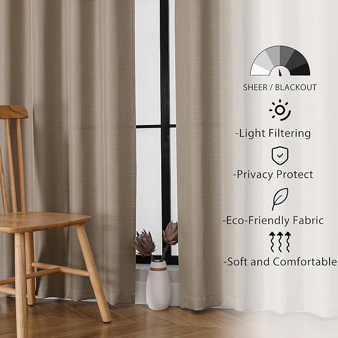 Lecloud Bessie Camel Curtains 72 Inches Long 2 Pcs, Rod Pockets Light Filtering Faux Linen Textured Living Room Curtains for Bedroom Decor, Window Drapes for Dining Room, Each Panel 40" W x 72" L