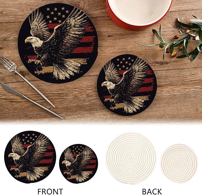 July 4th Bald Eagle Black Trivets for Hot Dishes Pots and Pans Potholders Woven Trivet Cotton Round Large Pot Holder Decor Heat Resistant Hot Pads Mat for Table Counter Cooking Potholder Set of