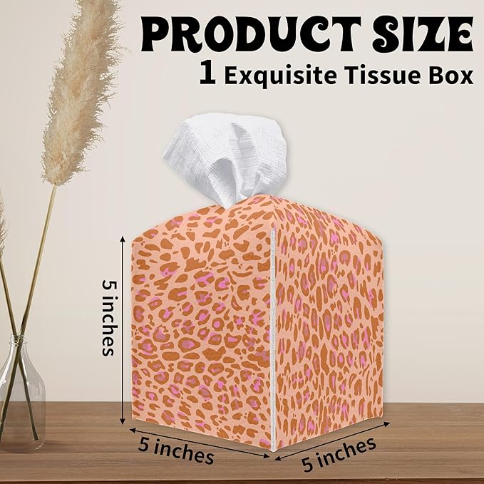 Leopard Square Tissue Box Holder Cover, Tissue Cube Box Organizer for Bathroom, Living Room, Office, Countertop, Car, Night Stands, Modern Home Desk Tabletop Decor - A02