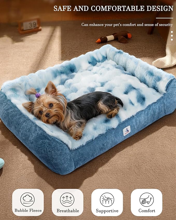 Welfibr Dog Bed 100% Washable Faux Fur Dog Beds Small Size Dog Orthopedic Dog Bed with Sides Elevated Dog Bed Comfort Pet Beds with Removable Cover Noiseless Supportive Dog Couch Anti-Slip Blue 35"