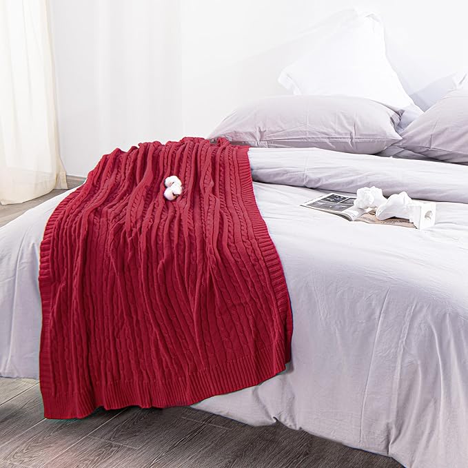 NTBAY 100% Pure Cotton Cable Knit Throw Blanket, Super Soft Warm 51x67 Knitted Throw Blanket for Couch, Sofa, Chair, Bed - Extra Cozy, Machine Washable, Comfortable Home Decor, Red