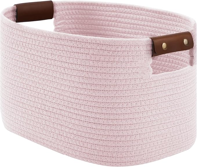 ECDYQXVU Cotton Rope Basket, Storage Baskets with Handle, 15x10x9 Inch Woven Basket for Shelves, Laundry, Towels, Clothes, Books (Light/Pink 1Pack)