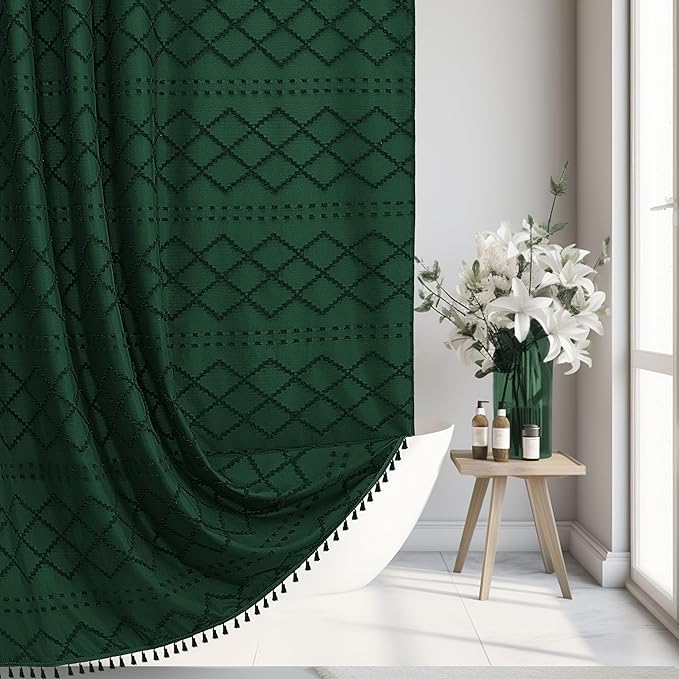 Siiluminisoy Extra Long Dark Green Boho Woven Fabric Cute 84 Inch Shower Curtain, 72 x 84 Tufted Chevron Textured Striped Modern Farmhouse Minimalist Cloth Shower Curtain for Bathroom