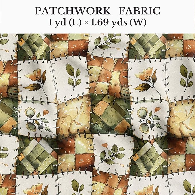Olive Meadow Patchwork Cotton Fabric – Green & Earth Tone Botanical Patchwork Print Cotton 140 GSM, Panel 61 × 36.6 Inches, Pre-Cut Sewing Fabric Panel for Quilting, Crafts & Home Decor (USA Size)