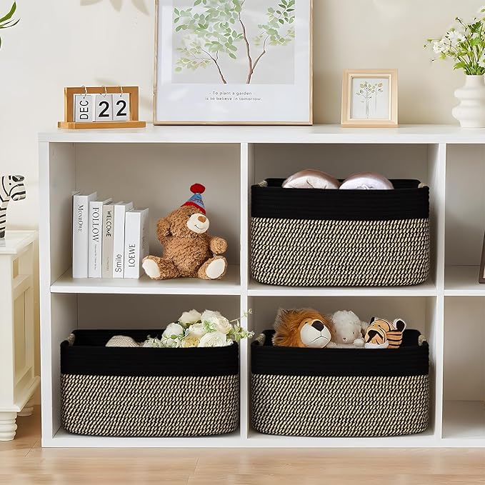 2 Pack Large Storage Basket for Organizing, 17.5"x13.5"x7.5" Woven Basket for Shelves, Closet Cube Storage Bins with Wrapped Handle, Cotton Rope Baskets for Kitchen, Clothes, Toys(Black & Brown)