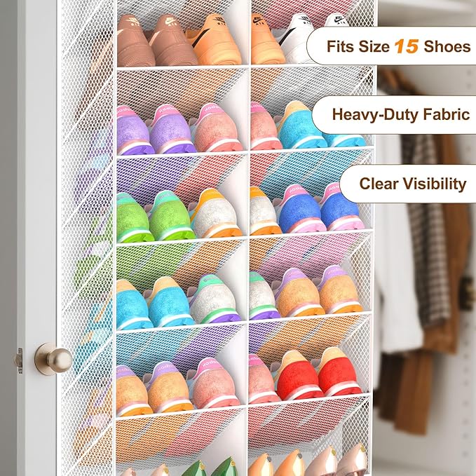 UVIAHOMI 30 Pairs Over the Door Shoe Organizer, Breathable Mesh Pocket Hanging Shoe Storage for Closet, 10-Tier Door Shoes Rack, Handing Shoes Holder Fit All the Family's Sneakers, Boots, Heels, White