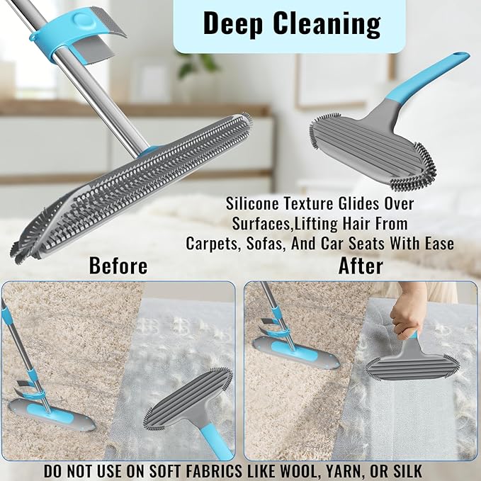 OKcedier Carpet Rake for Pet Hair Removal Tool, 3 in 1 Carpet Scraper with 59" Adjustable Handle, Silicone Rug Rake for Dog & Cat Hair, Pet Hair Remover for Furniture, Couch, Pet Bed & Car Interior