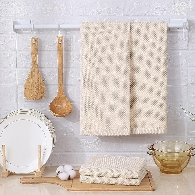 Kitinjoy 100% Cotton Waffle Weave Kitchen Towels, 12-Pack Super Soft and Absorbent Dish Towels for Drying Dishes, Kitchen Hand Towels, 13 in x 28 in, Beige