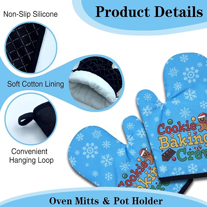 2 Pack Funny Gingerbread Oven Mitts, Cookie Baking Crew, Heat Resistant Silicone Non-Slip Mitts, Christmas Baking Gifts for Cookie Lovers, Housewarming Gifts for Women Hostess Mom Wife Chef