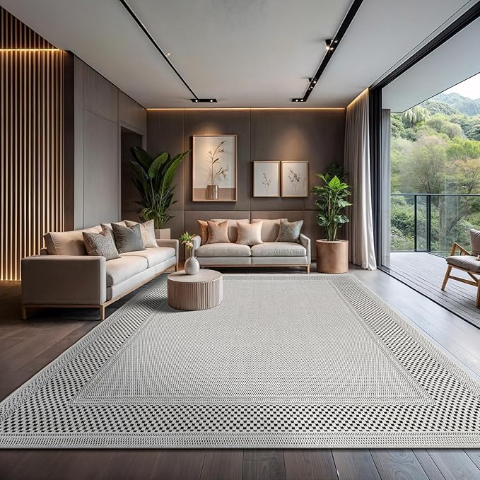 CAMILSON Easy Jute Rug 9x12, Indoor Outdoor Off-White Color Fiber Area Rugs for Living Room Patio and Dining Room Rug, Bordered Boho Woven Design, Easy-Cleaning, Washable Outside Carpet (9 x 12)