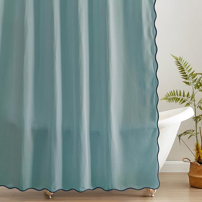 MONDAY MOOSE Scalloped Waffle Weave Shower Curtain with Rustproof Metal Grommet Holes for Bathroom, Machine Washable, Hooks Included (72x72 inch, Dark Blue/Sky Blue)
