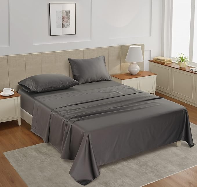 LANE LINEN Queen Size Bed Sheets Set – 450 Thread Count 100% Natural Cotton Cooling Sheets, Hotel Luxury Soft Sateen Finish, Snug Fit 15" Deep Pocket Elasticized Fitted Sheet – Charcoal