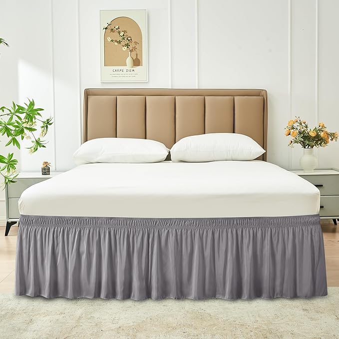 Biscaynebay Wrap Around Bed Skirts for King & Cal King Beds 15" Drop, Silver Grey Adjustable Elastic Dust Ruffles Easy Fit Wrinkle & Fade Resistant Silky Luxurious Fabric Machine Washable