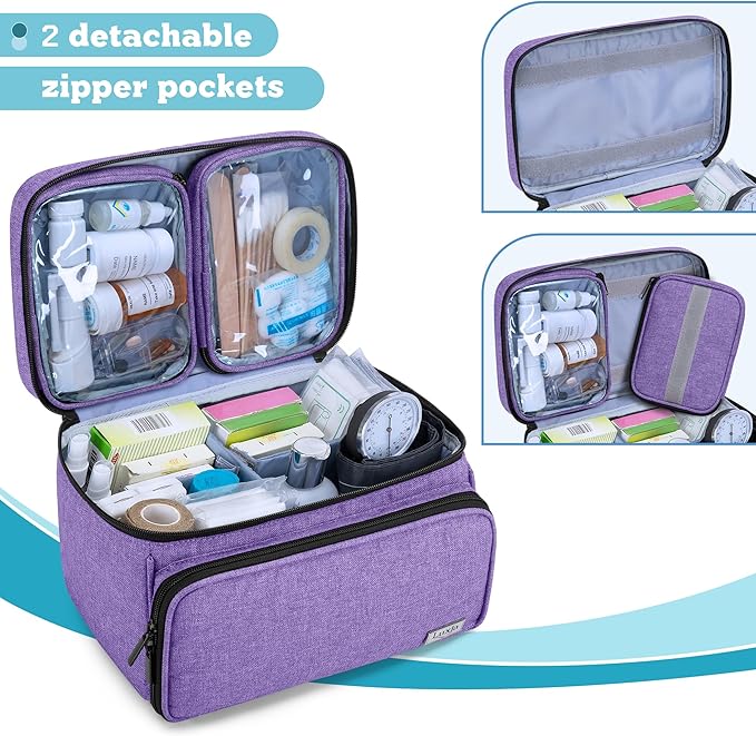 LUXJA Medicine Bag with 2 Detachable Clear Pouches, Pill Bottle Organizer with Detachable Dividers (Suitable for Home or Travel Use), Purple