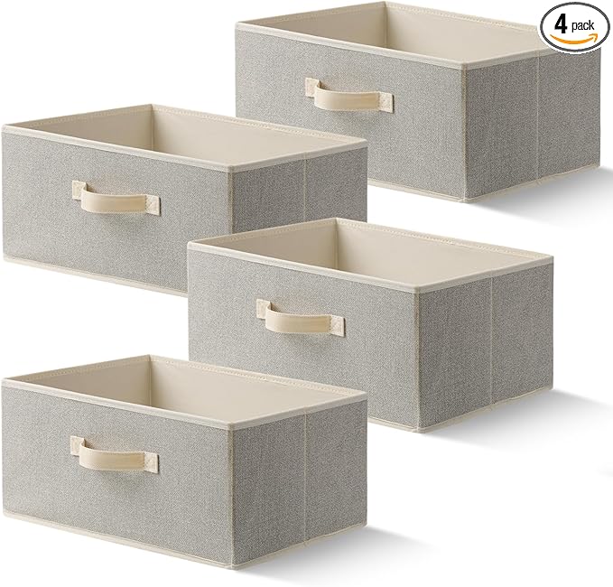 EITMOW Storage Baskets, 15.7-Inch Woven Fabric Bins, Storage Cubes with Reinforced Handles, Organizer Bins for Closet Shelves, Foldable, for Toys, Clothes, Natural Beige (4PCS/Beige-15.7*11*7.8inch)
