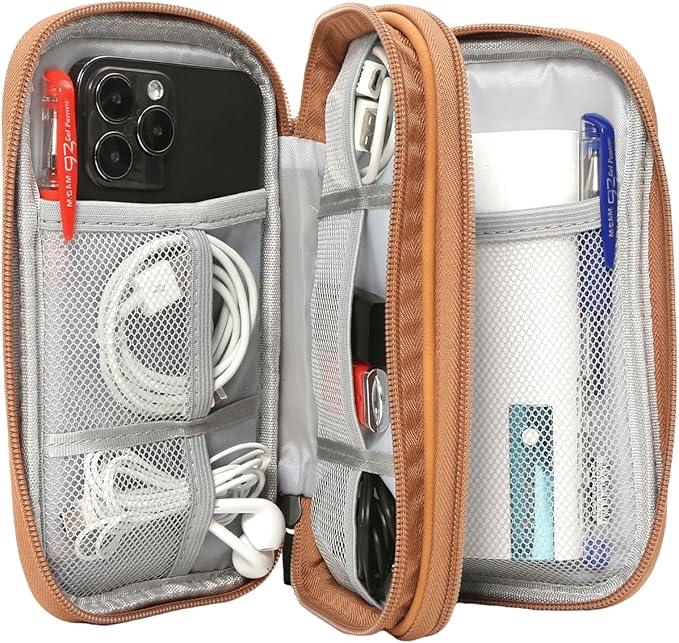 CAAORDKSO Travel Cable Organizer Pouch Electronic Accessories Carry Case Water Resistant Accessories Organizer Pouch Bag for Cable, Cord, Charger, USB, Phone, Power Bank, Earphone (Brown, Medium)