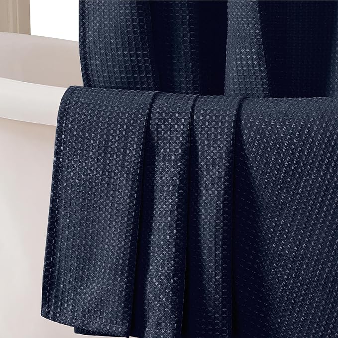 OVZME Long Fabric Shower Curtain Set, Waffle Textured Shower Curtain for Bathroom - Weight 230GSM Heavy Duty Hotel Spa Luxury Bath Curtain Set with 12 Plastic Hooks, 72x78, Navy Blue