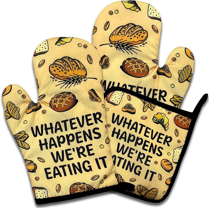 Funny Oven Mitts and Pot Holders Set of 3, Whatever Happens We're Eating It, Heat Resistant Non-Slip Kitchen Mitts Hot Pads, Humorous Baking Gifts, Birthday Gifts for Men Dad Husband Baker