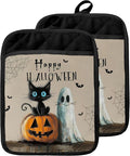 Halloween Black Cat Ghost Pot Holders with Pockets, Vintage Funny Black Cat Pumpkin Halloween Oven Pot Holders Heat Resistant Oven Mitts Hot Pads for Kitchen Baking Cooking