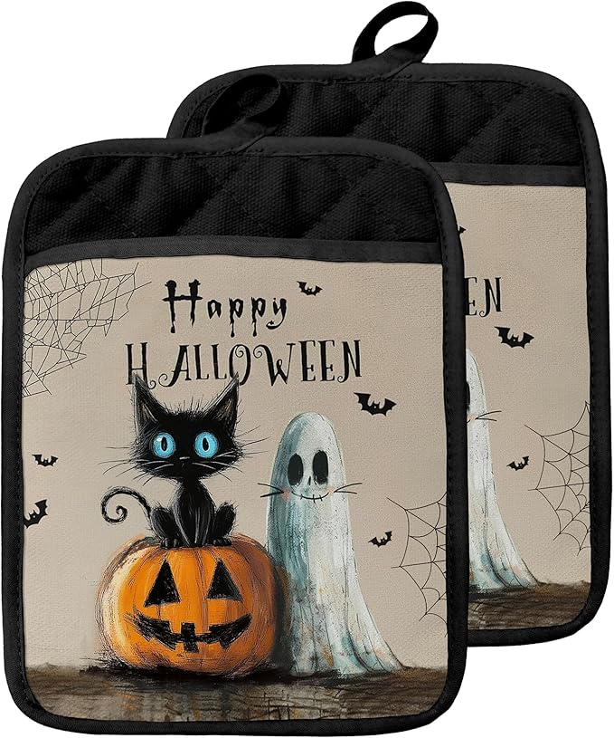 Halloween Black Cat Ghost Pot Holders with Pockets, Vintage Funny Black Cat Pumpkin Halloween Oven Pot Holders Heat Resistant Oven Mitts Hot Pads for Kitchen Baking Cooking