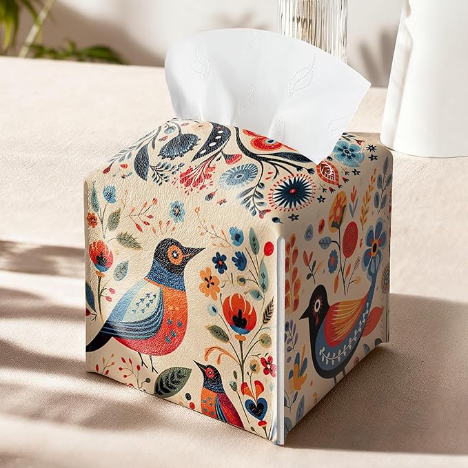 Scandinavian Tissue Box Holder, Floral Bird Leather Tissue Box Cover Square, Paper Napkins Everyday Dispenser for Bathroom Vanity Countertop Night Stands Kitchen Office Car Home Decor