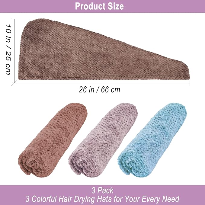 YHPDYL 3 Pack Microfiber Hair Towel Wrap for Women, Fast Drying Hair Turban with Button, Anti-Frizz Large Hair Towel for All Hair Styles, Soft & Absorbent Hair Drying Towel (Purple, Bule, Brown)