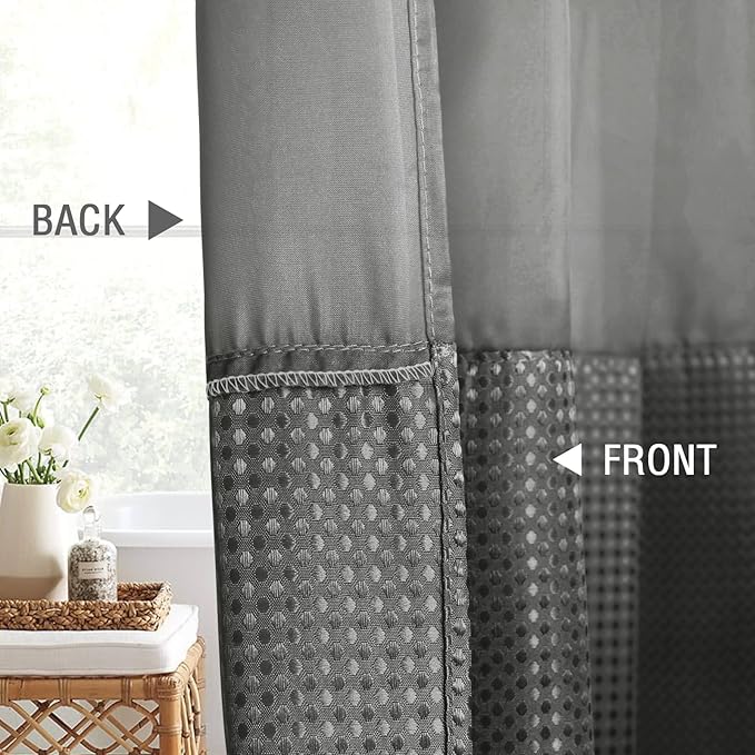 Gibelle Waffle Weave Shower Curtain with Mesh Top Window and Hooks Set, Spa Like Hotel Style Fabric Shower Curtain for Bathroom, Charcoal Grey, 72x72