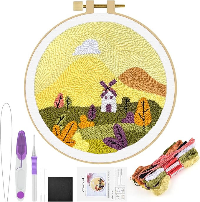 ERKOON Punch Needle Kit Adults Beginners, DIY Easy Landscapes Embroidery Set for Starter Art Craft, Needling Punch Project with Patterns, Tools, Yarns, Hoop, Instruction (Fall)