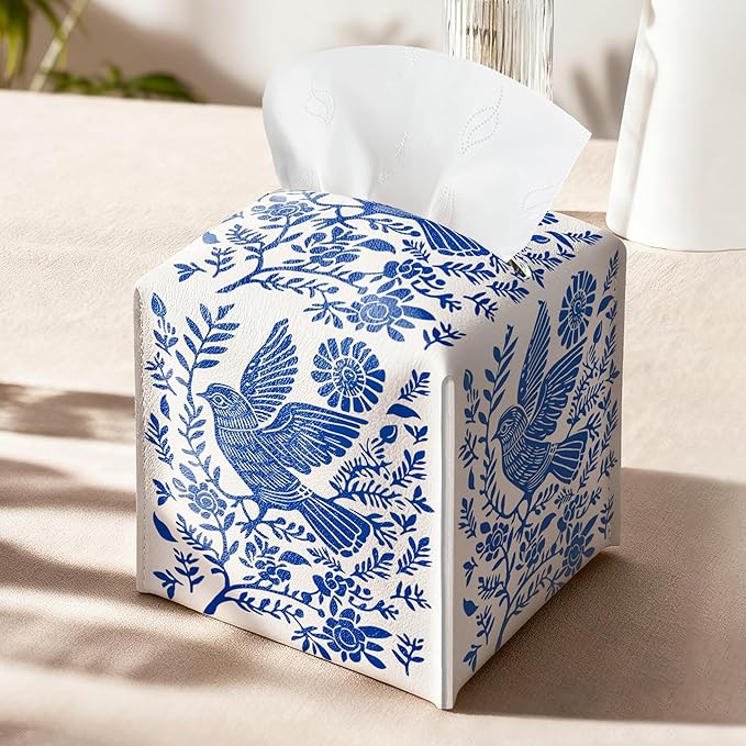 Blue Tissue Box Holder, Scandinavian Boho Bird Leather Tissue Box Cover Square, Paper Napkins Everyday Dispenser for Bathroom Vanity Countertop Night Stands Kitchen Office Car Home Decor
