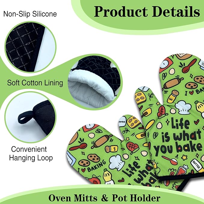 2 Pack Funny Baking Oven Mitts, Life is What You Bake It, Heat Resistant Silicone Non-Slip Mitts, Sweet Housewarming Gifts for Women Bake Lovers, Hostess Gifts for Mom Wife Sister Friend