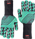 J H Heat Resistant Oven Glove:EN407 Certified 932 °F, 2 Layers Silicone Coating, Oven Mitts for Cooking, Kitchen, Fireplace,Camping, Grilling (Black/Green, Extra Long Cuff)
