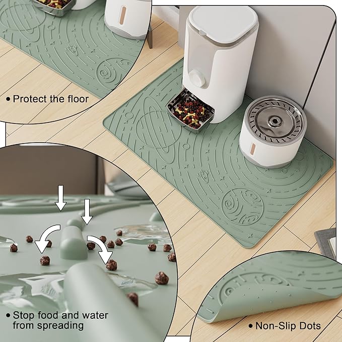 OHMO Dog Food Mat, Silicone Waterproof Cat Food Mat, Non-Skid Spill Proof Pet Feeding Mat for Food and Water, Easy to Clean Dog Placemat(Sage Green, 23.6" x 15.8")