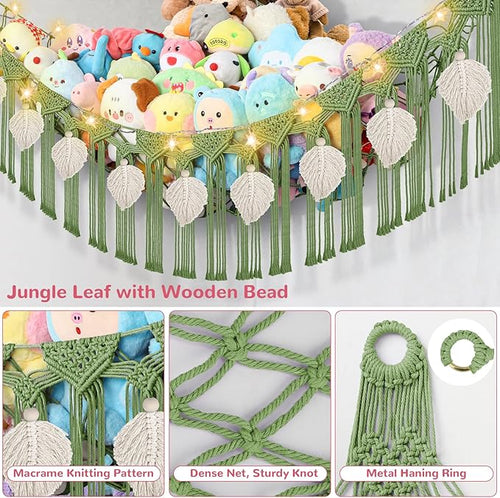 82.7x59x59 Inch Jumbo Stuffed Animal Storage Hammock Corner, Green Macrame Cream Leaf Hanging Stuffed Animal Net Organizer for Stuffy Plushie, Boho Handcrafted Plushies Storage Holder w/LED Light