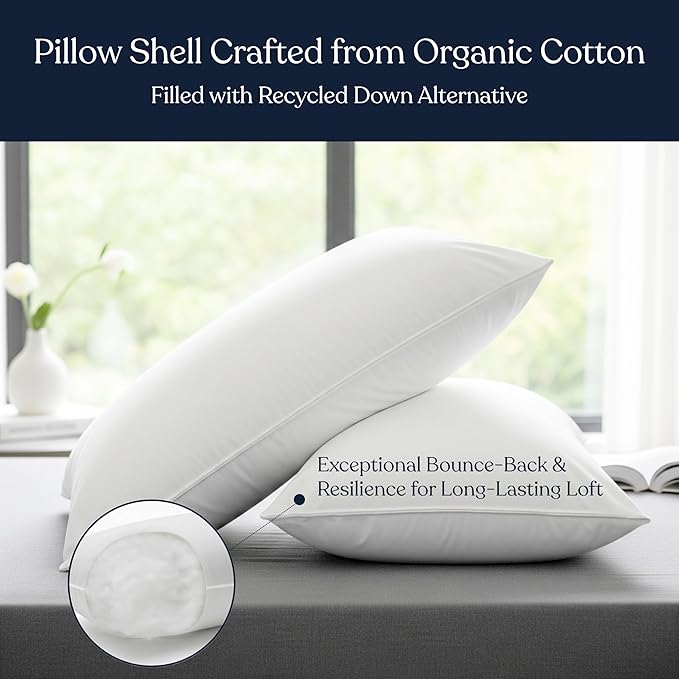 Delara Pillows for Sleeping Set of 2 Bed Pillows, Organic Cotton 300TC Shell, Recycled Down Alternative Fill, Supportive for Back and Side Sleepers, Hypoallergenic & Breathable (Standard 20"X28")
