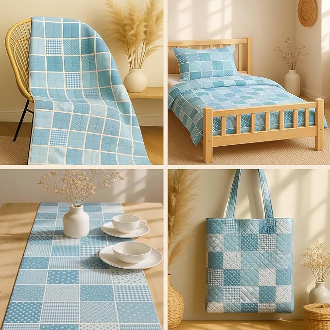 Cotton Satin Patchwork Fabric Panel – 35 Designs, 20×20 cm Squares, Single Piece 150×110 cm, Blue Patchwork Quilt Fabric(Ocean Breeze Patchwork Set, 35pcs 8x8 inch)
