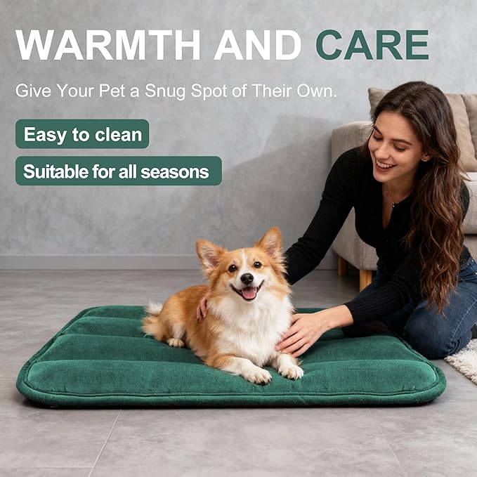 Fogkiss Dog Bed Mat, Reversible Dog Crate Pad with Washable Kennel Mat and Soft Foam, Flat Pet Bed for Dogs & Cats, for Crates Carriers & Travel (Green, 28" L*16" W*1.5" Th)
