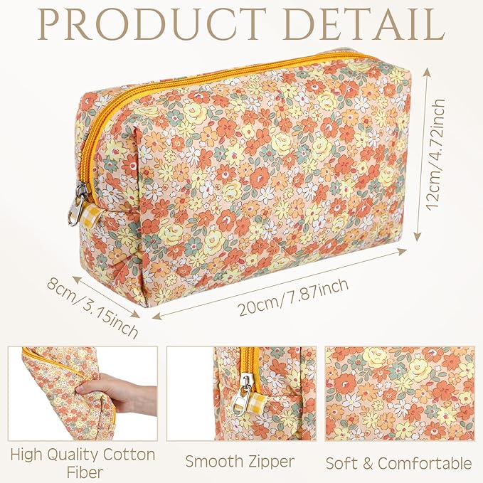 Paterr 10 Pcs Quilted Makeup Bag Bulk Cotton Floral Cosmetic Bag Women Girls Bridesmaid Gifts Cute Makeup Pouch Coquette Aesthetic Travel Toiletry Organizer(Yellow Floral,7.87 x 4.72 x 3.15 Inches)