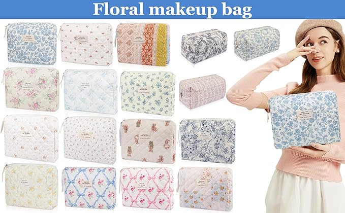 Gosect Floral Makeup Bag, Cute Cosmetic Bag for Women Girls, Quilted Cotton Make up Pouch, Travel Makeup Bags, Portable Storage Toiletry Organizer Bag(Navy Blue)