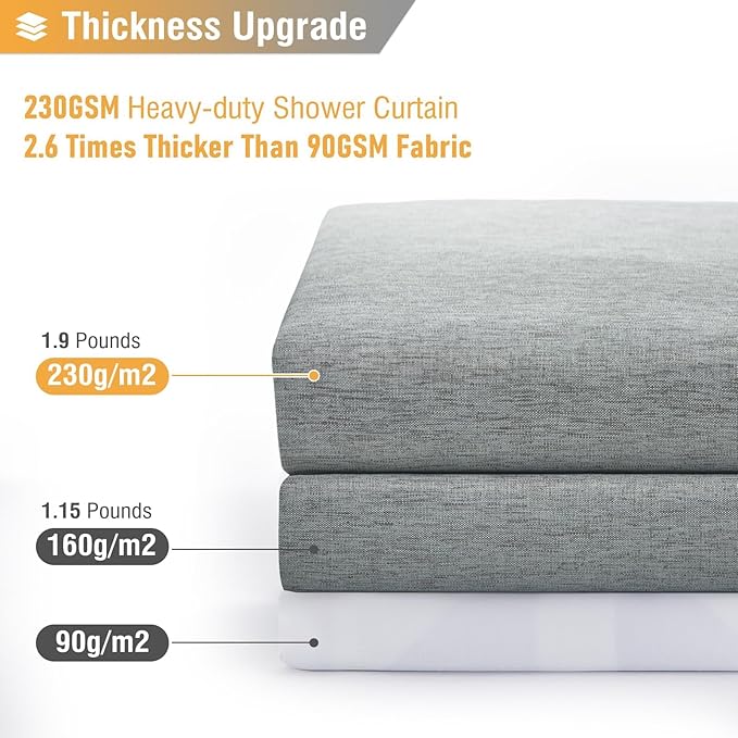 BTTN Extra Long Fabric Shower Curtain - 72x90 Inch Linen Textured Heavy Duty Cloth Shower Curtain Set with 12 Plastic Hooks, Large Modern Hotel Luxury Polyester Shower Curtains for Bathroom, Gray/Grey