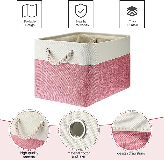 meekoo 8 Pack Collapsible Storage Bins Fabric Storage Bins Polyester Fabric Baskets with Handles Linen Closet Organizer for Shelf Home Closet Towels Toys(15 x 11 x 9.5 in,Pink White)