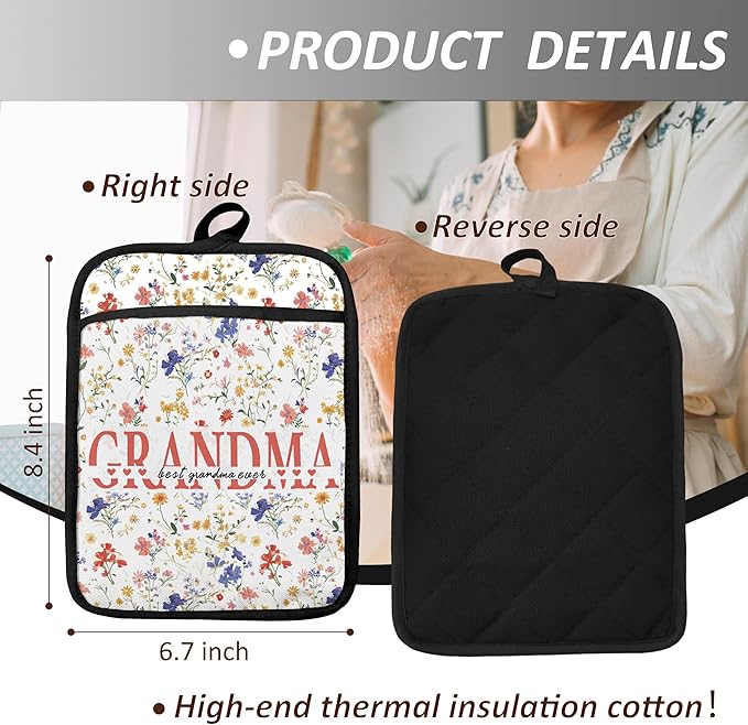 Grandma Gifts Floral Pot Holders, Mother's Day Birthday Gifts for Grandma from Grandkids Grandsons Granddaughters Canvas Pot Holders for Women,Potholders for Kitchens