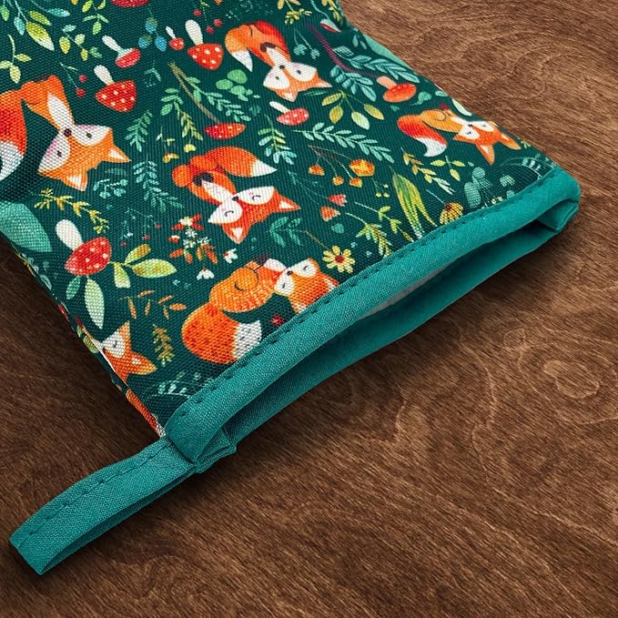 Forest Fox Animal Green Floral Flower Mini Silicone Oven Mitts, Heat Slip Resistant Kitchen Gloves 2-Pack Set, Soft Short Small Oven Mittens Pot Holders for Baking Grilling Barbecue Microwave Gift
