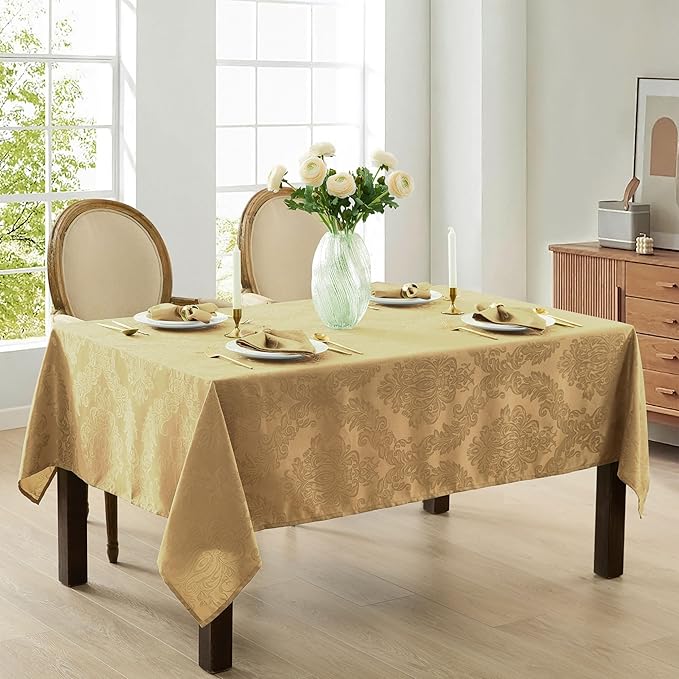 Newbridge Barcelona Damask Fabric Tablecloth, 60 x 120 Inch Rectangle, Gold – No Iron, Soil Resistant Table Cover for Dining, Parties and Holidays