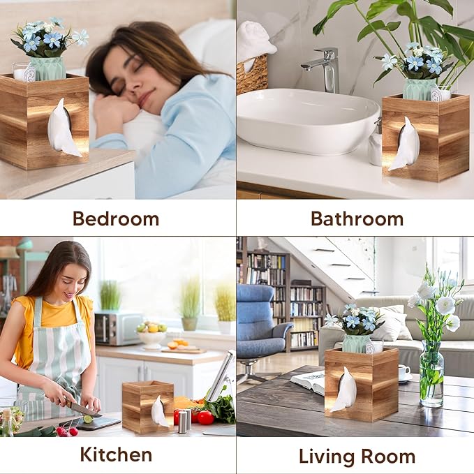 Tissue Box Cover, Wood Tissue Box Cover with Storage Tray Square Tissue Box Covers Holder for Bathroom, Bedroom, Dinner Table, Office, Tabletop 6" x 6" x 7.4"