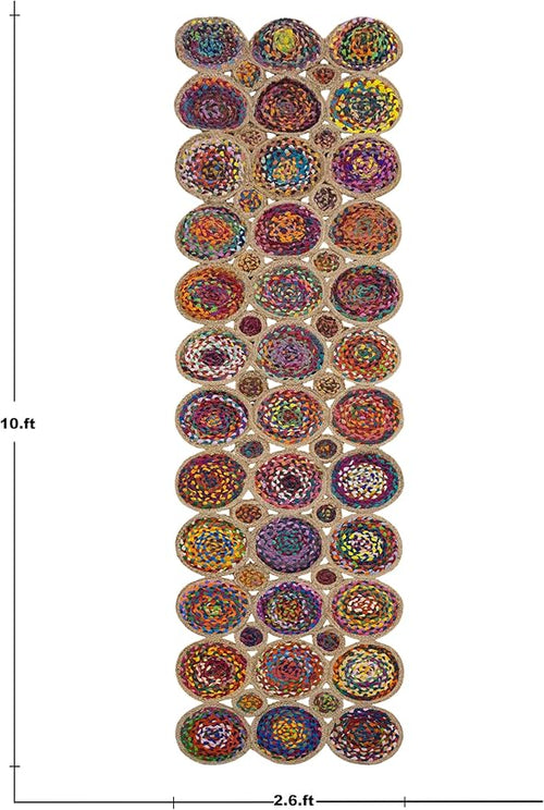 2.6x10 Scalloped Kilim Runner Rug Beige Multicolor Hand Braided Chindi Cotton Jute Cape Cod Design 0.27" Thick Flatweave Geometric Boho Indoor Outdoor Carpet for Hallway, Entryway, Corridor