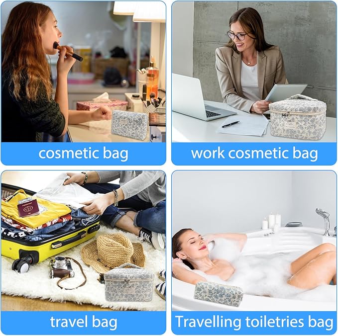 Cozomga Quilted Makeup Bag, Large Capacity Travel Cosmetic Bag for Women and Girls, Aesthetic Storage for Daily and Travel Use (3pcs-Orchid)