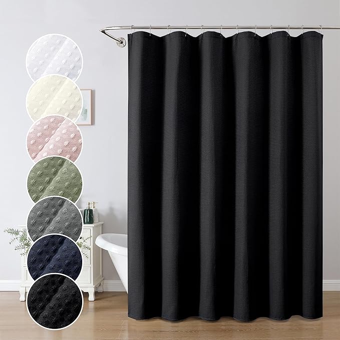 OWENIE Black Shower Curtain, Waffle Weave Heavy Fabric Shower Curtain for Bathroom, Waterproof Thick Textured 420G/M Soft Elegant Luxury Hotel Spa Bath Curtains, Machine Washable, Black, 72W x 72L